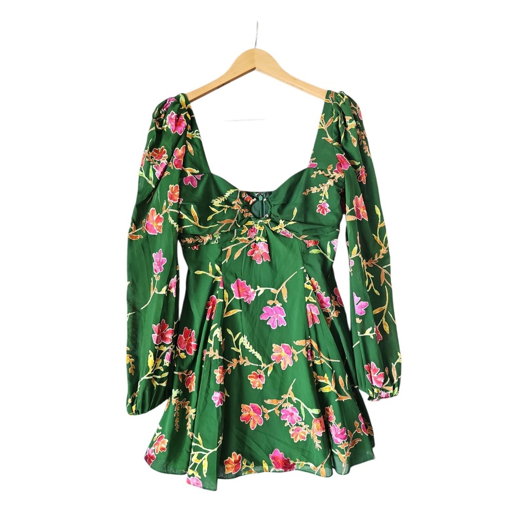LOVERS + FRIENDS Marcella Mini Dress in Jade Floral Long Sheer Puff Sleeves sz S